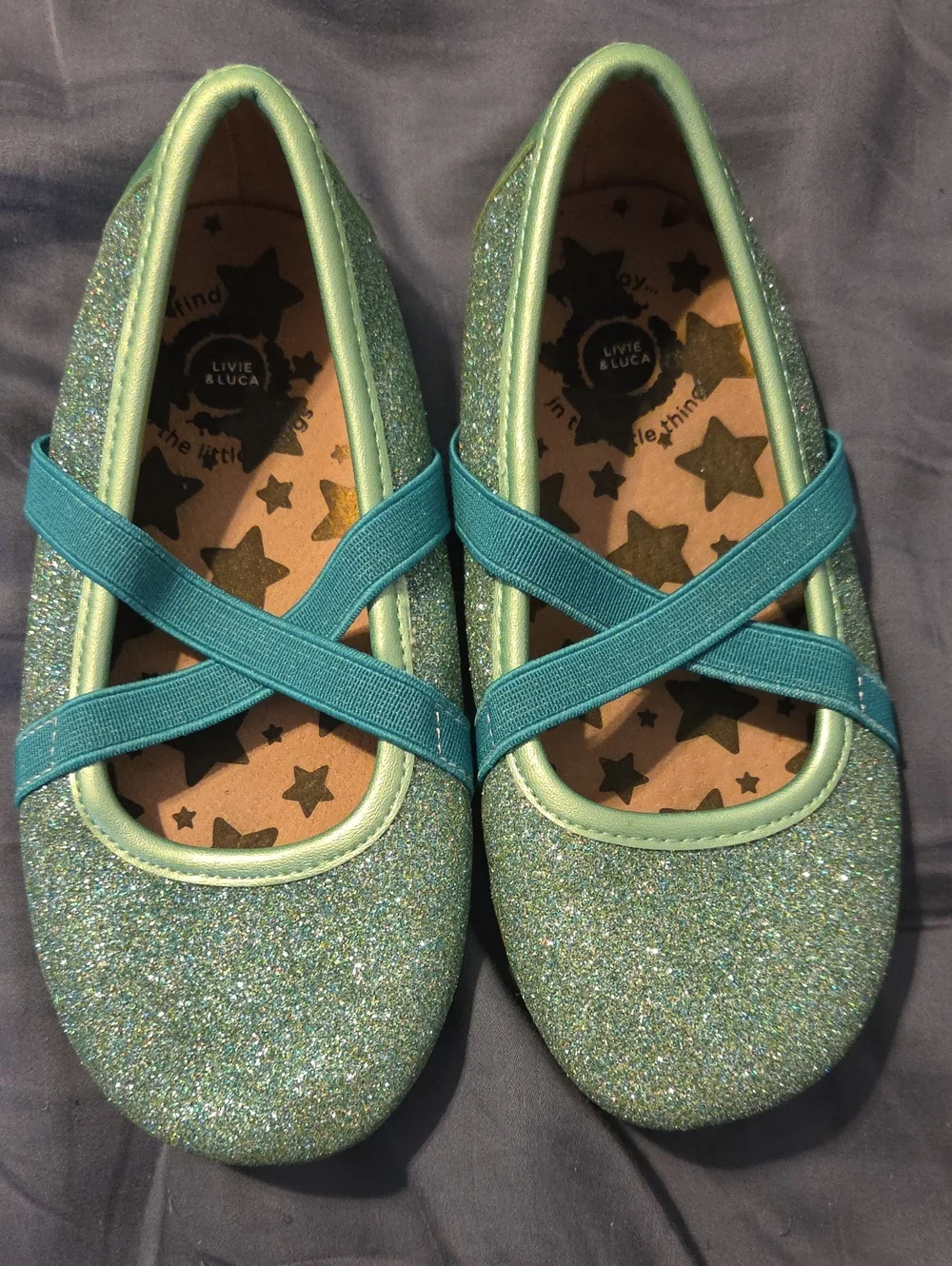 Livie & Luca Teal Glitter Mary Jane Flats with Elastic Cross Straps